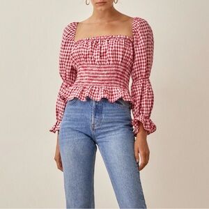 Reformation Oakgrove red gingham linen top, size M